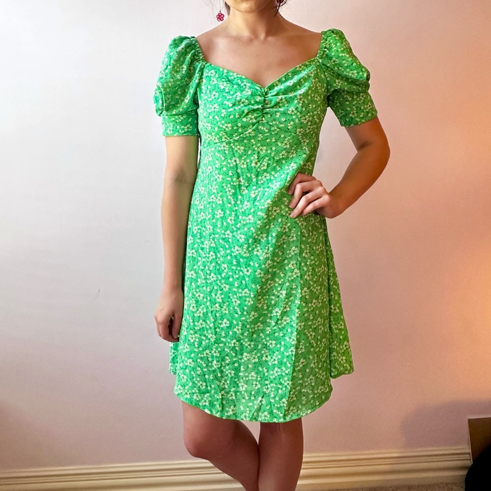 QUIZ Puff sleeve Floral green dress sundress